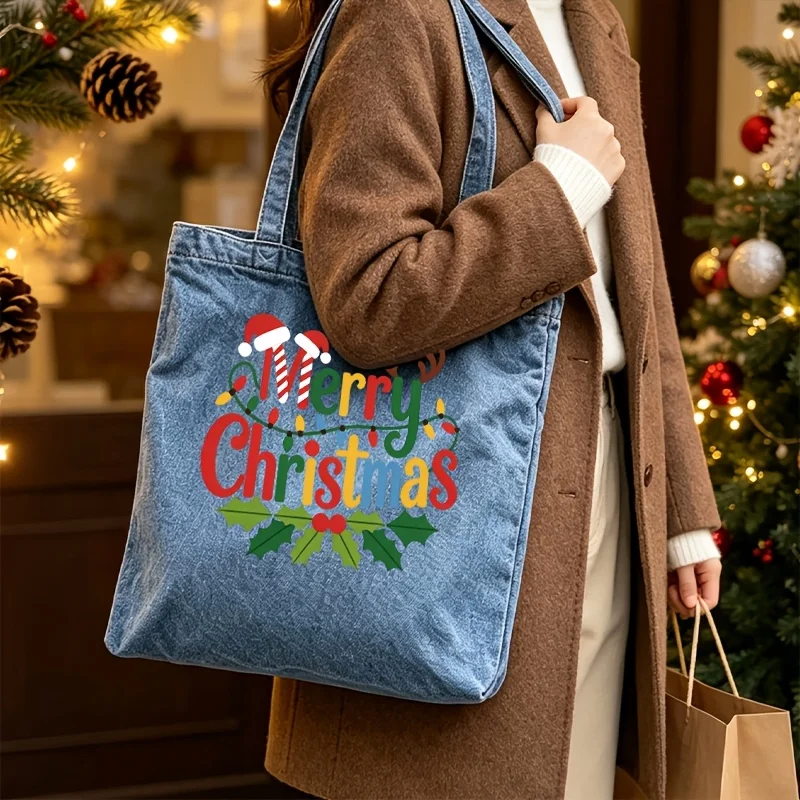 Custom Merry Christmas Denim Tote Bag Personalized Text Xmas Letter Print Shoulder Shopping Bag Reusable Shopper Holiday Gift
