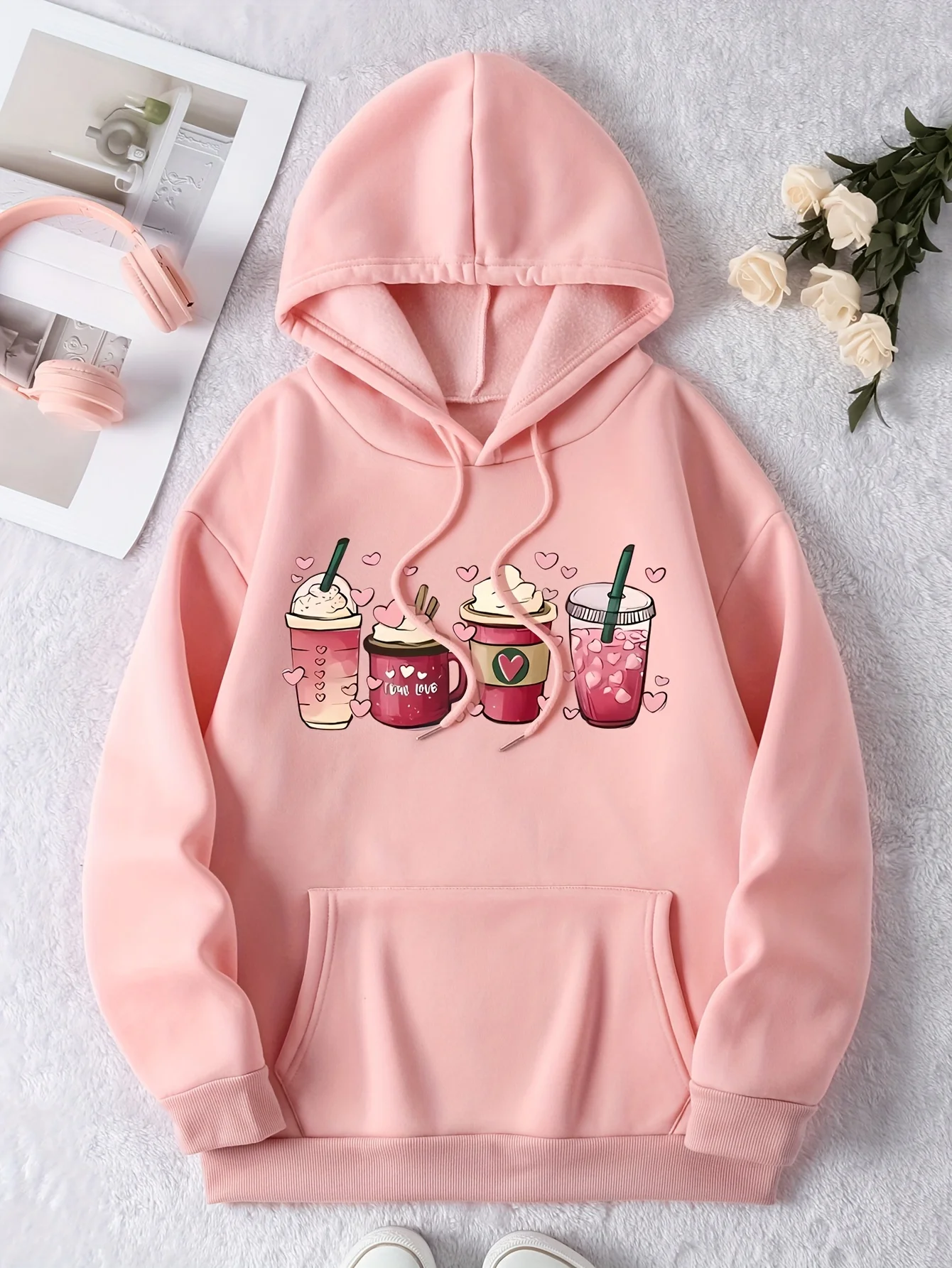 

Casual Long Sleeve Coffee Print Drawstring Hoodie Women's Clothing Hooded Sweatshirt Fashion HipHop Sweatshirt Harajuku Unisex