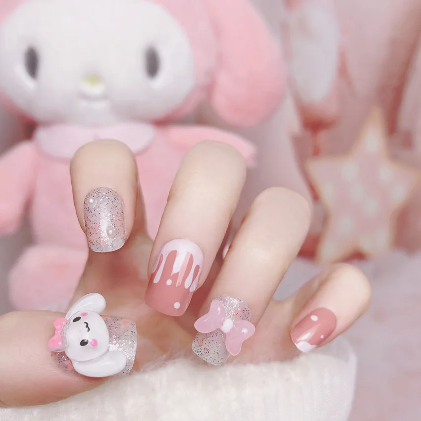 24 Stuks Kawaii Cinnamoroll Kunstnagels Cartoon Kuromi/Hello Kitty Volledige Dekking Nep Nagels Tip Vrouwen Meisje Wearable Druk op Nagels
