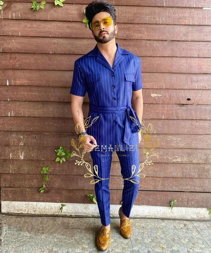 

Royal Blue Striped Men's Suits Wedding Blazer Short Sleeve Notched Lapel Slim Fit 2 Piece Jacket Pants Belt Casual Costume Homme