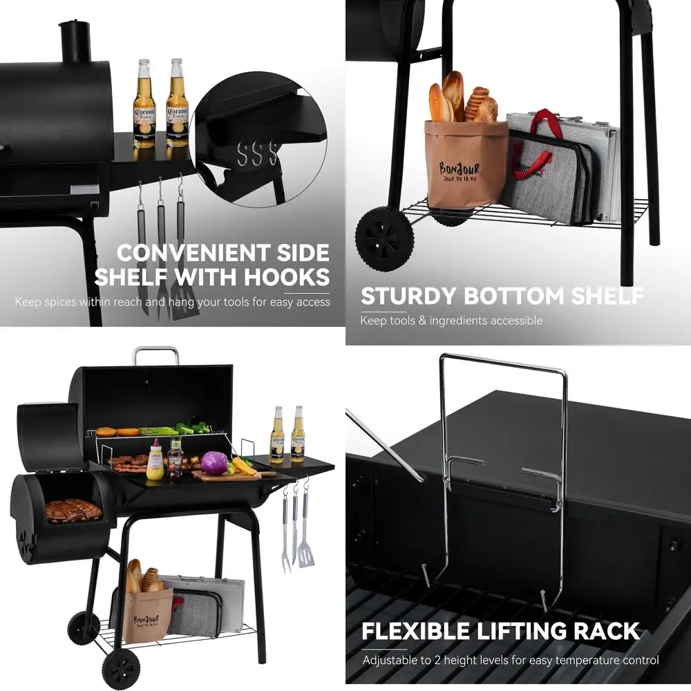 

Outdoor Camping BBQ Grill with 823 Sq. In. Charcoal and Offset Smoker - Black