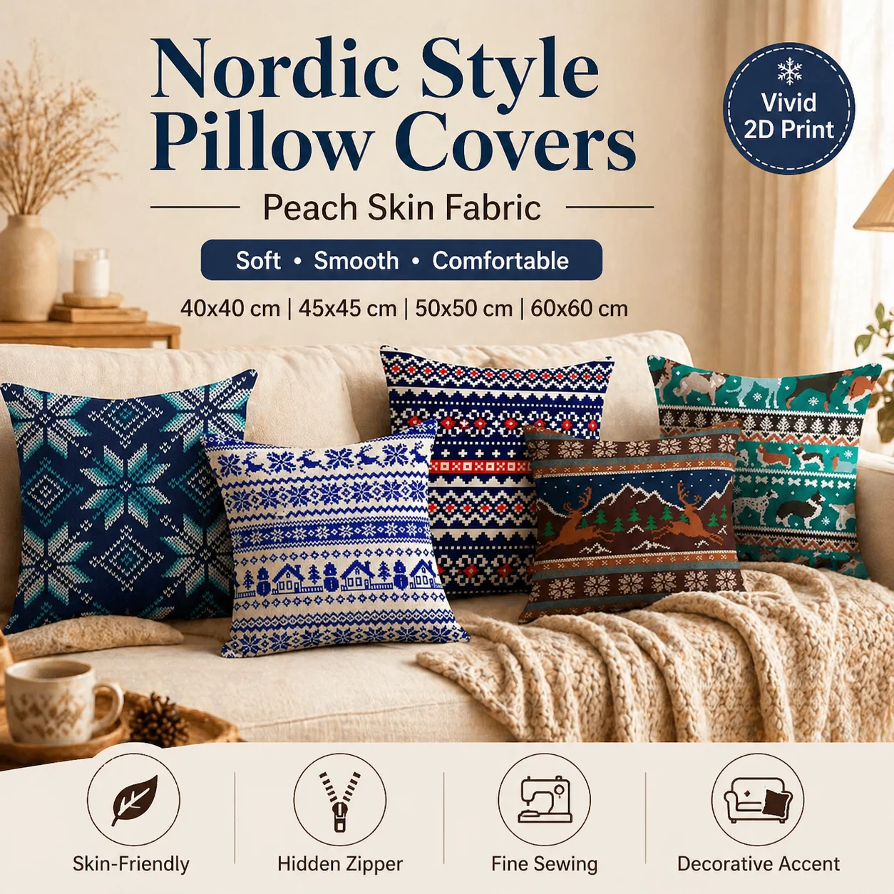 Nordic Style Geometric Pillow Cover 2D Flat Printed Faux Knit Cushion Covers Winter Reindeer Sofa Throw Pillowcase Home Decor