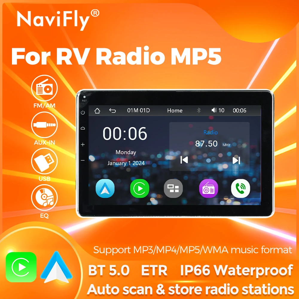 

NaviFly For RV Radio MP5 Support MP3 MP4 MP5 WMA music format Auto scan & store radio stations BT5.0 ETR IP66 Waterproof