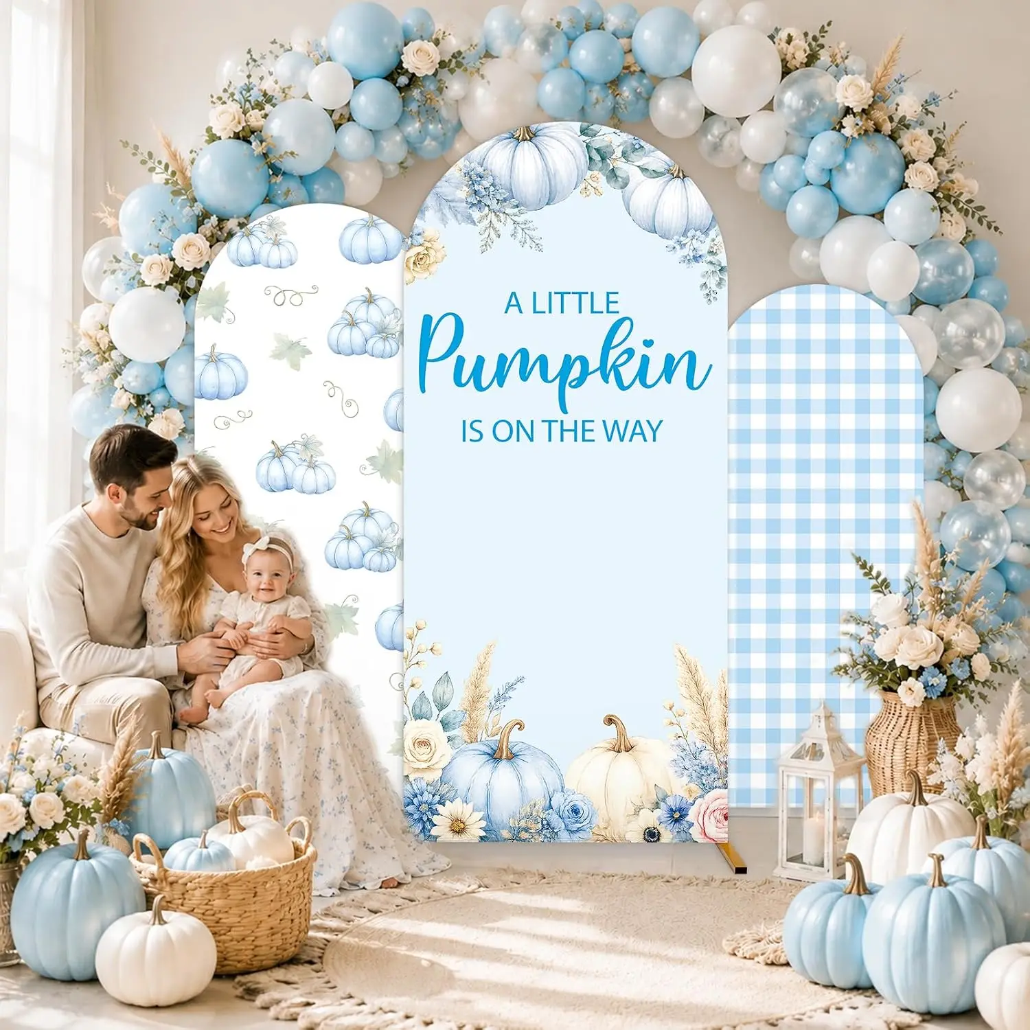 Custom 2-sided Fall Themed Blue Boy Baby Shower Arch Backdrop Cover Little Pumpkin is on the Way Gender Reveal Party Background