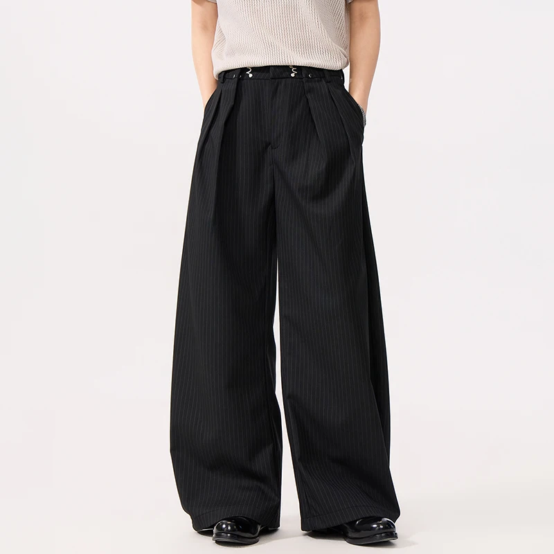 

Women High Street Fashion Vintage Stripe Loose Casual Wide-leg Straight Suit Pant Male Commute Business Trousers