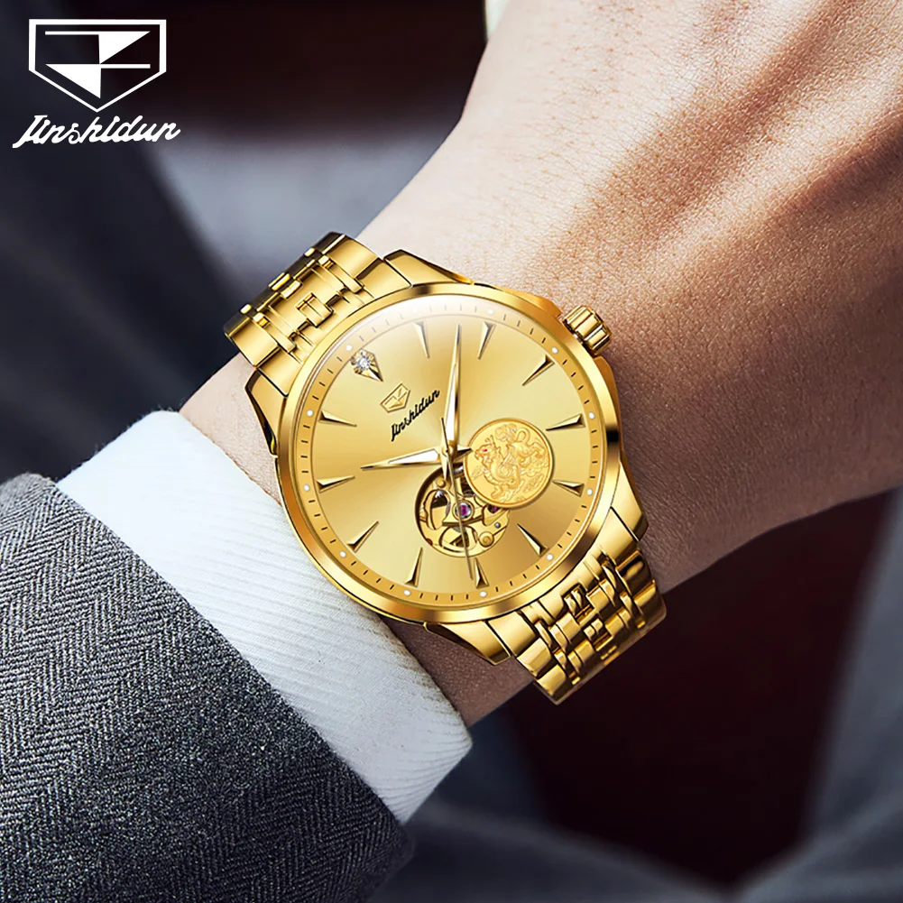 JSDUN Luxury Men\'s Watches Containing Genuine Gold Automatic Mechanical Watch Stainless steel Original Male Watch Waterproof