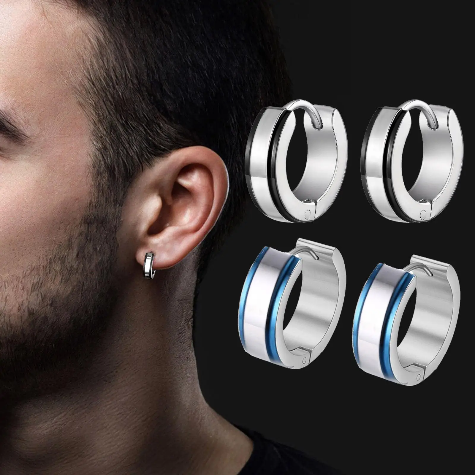 1pc/1 Pair Simple Mens Earrings Stainless Steel Two Tone Geometric Circle Huggie Hoop Earrings Simple Casual Jewelry Gifts