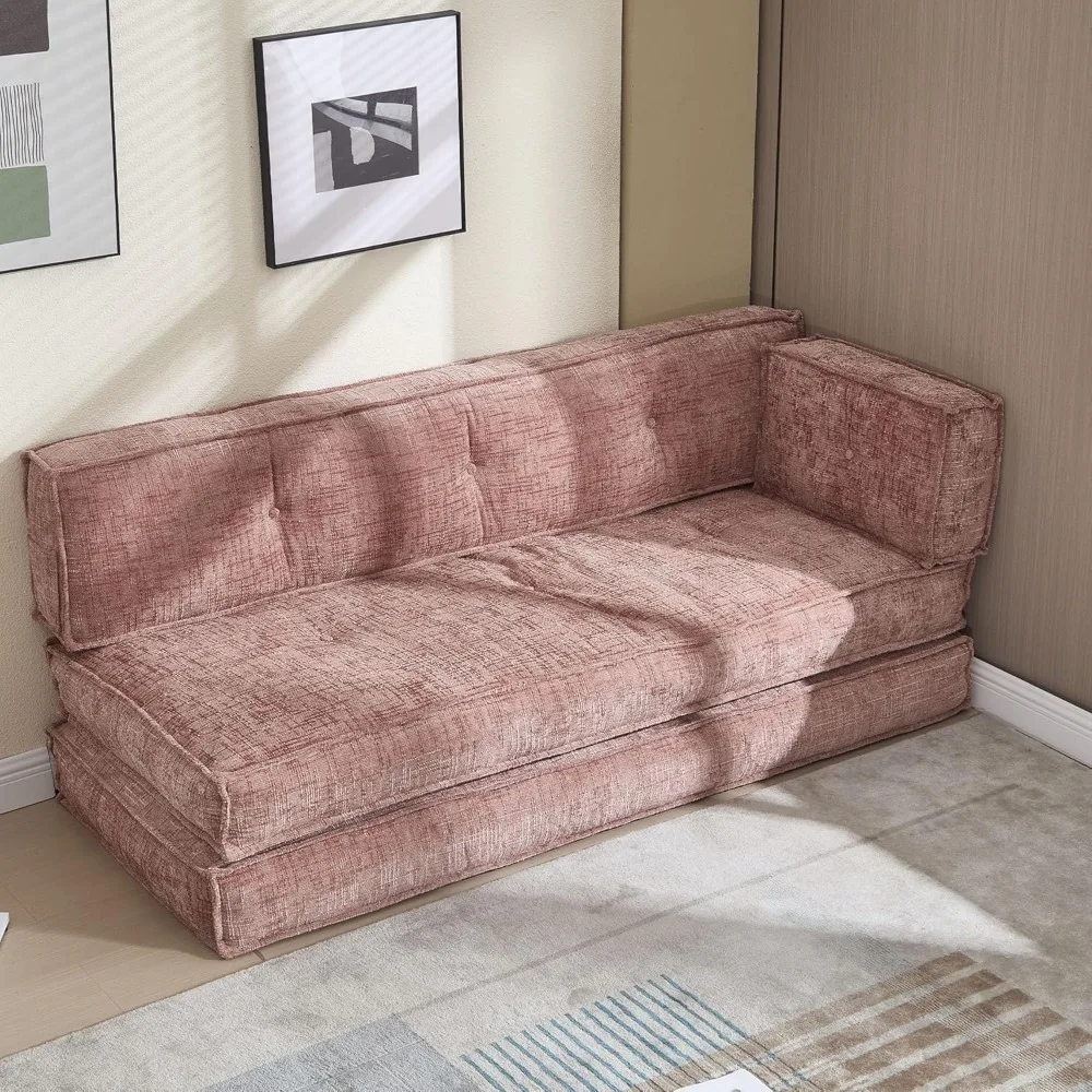 

Modular Couch Convertible Sleeper Floor Sofa Bed, Chenille Folding Mattress Couch with Side Bag Storage, 4-in-1 Combined Lazy So
