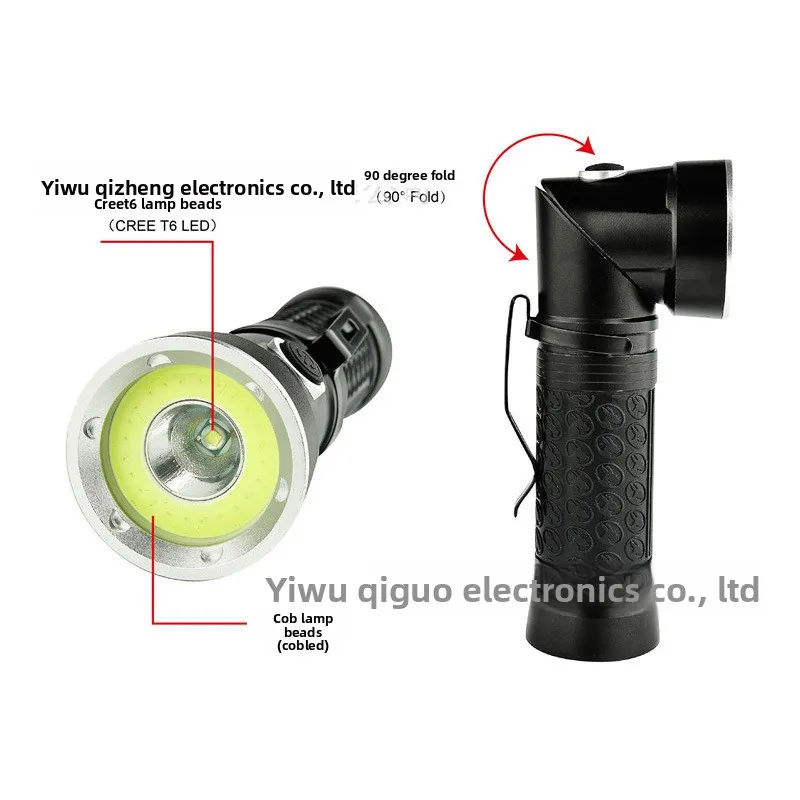 T6 COB Strong Light Flashlight 90 Degree Rotating LED Emergency Maintenance Light Red Warning Work Light Portable Rechargeable