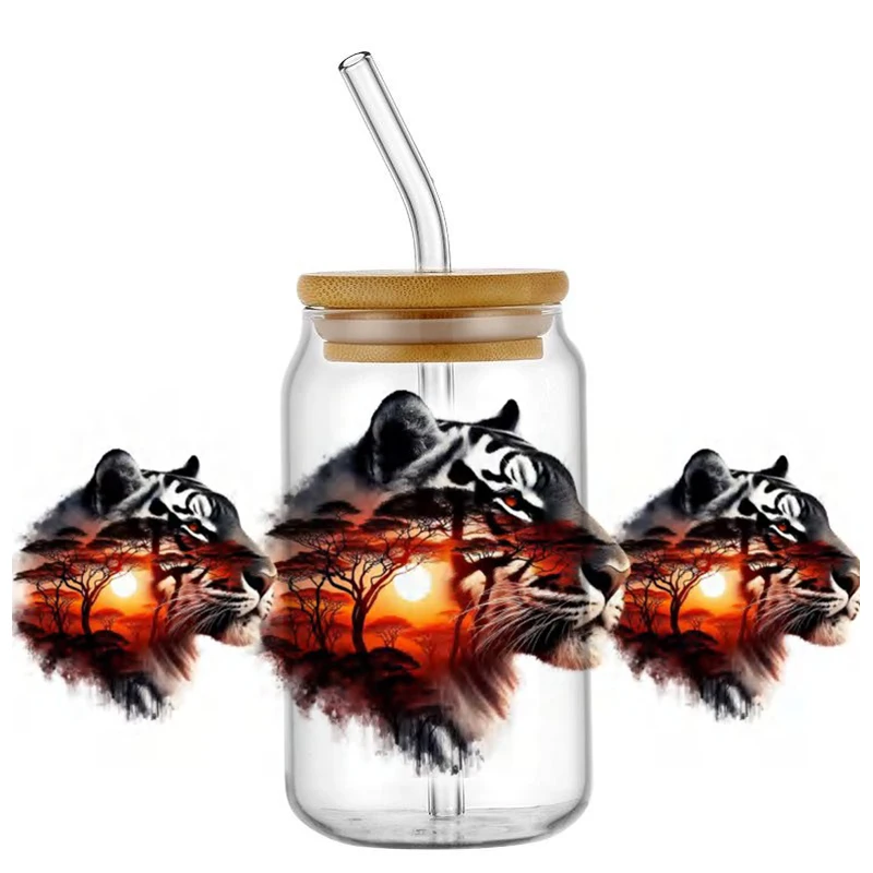 popular Sunset Safari Animal Design UV DTF Cup Wrap For 16ZO Libbey Glass Beer Can tumbler Transfer Stickers Waterproof DIY