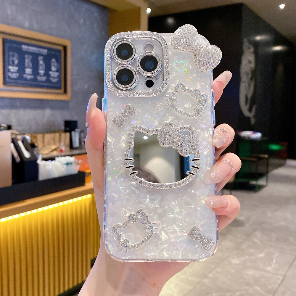 مرآة لوضع مساحيق التجميل ثلاثية الأبعاد لطيف الكرتون سانريو مرحبا كيتي بريق جراب هاتف آيفون 17 16 15 14 13 12 برو ماكس للصدمات غطاء صلب #3