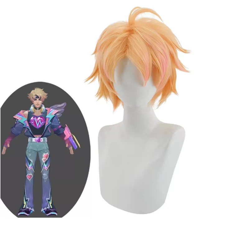 Jogo lol lovestruck ezreal cosplay perucas dia dos namorados pele 30cm misturado loira masculino cos peruca resistente ao calor cabelo sintético