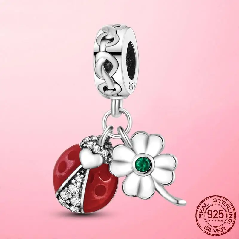 Breloque-abalorios de plata de ley 925, mariquita, trébol de la suerte, flor de herradura, colgante, compatible con pulsera Pandora