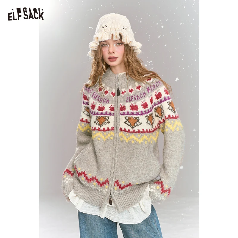 ELFSACK 2024 Winter New Arrivals Fair Isle knitting Zipper Cardigan Sweater Women Loose Christmas Wear Top