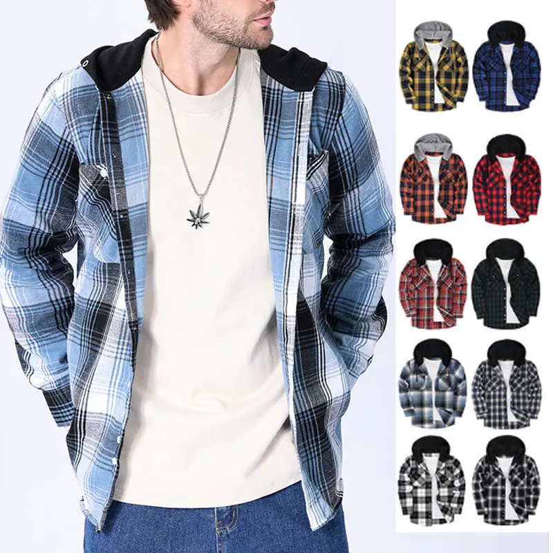 New American size men\'s long-sleeved shirt spring and autumn flannel coat plaid casual non-ironing large size hat fashion