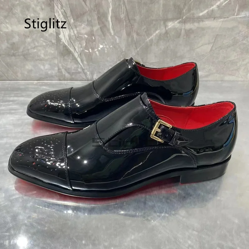 

Black Patent Leather Dress Men's Shoes Rhinestone Luxury Handmade Beaded Leather Shoes British Style Buckle Business Shoes