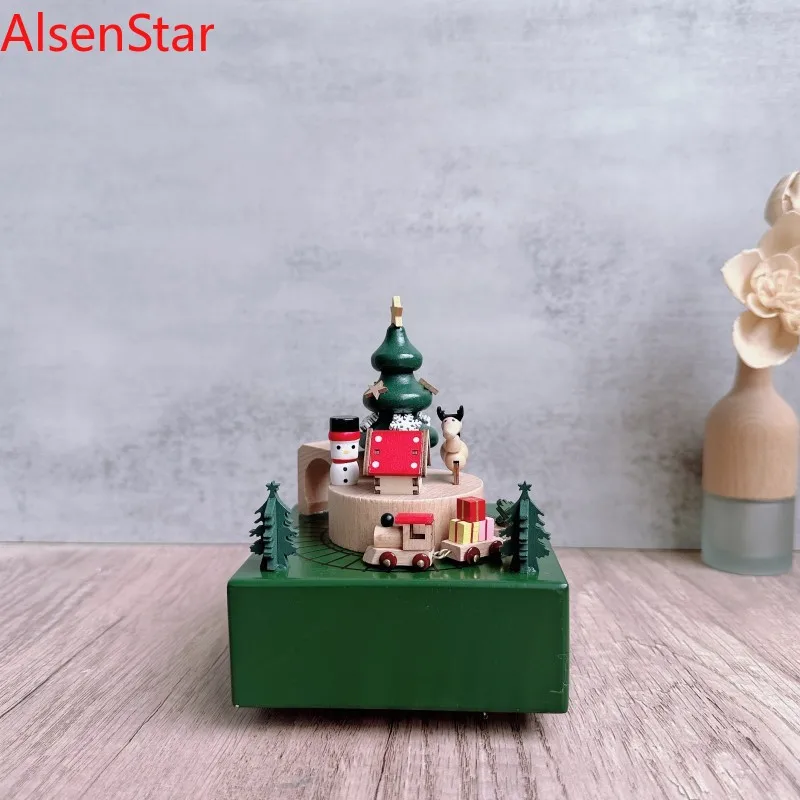 Creative Train Rotating Music Box Wooden Craft Handicraft Ornament Children New Year Christmas Gift Home Decoration