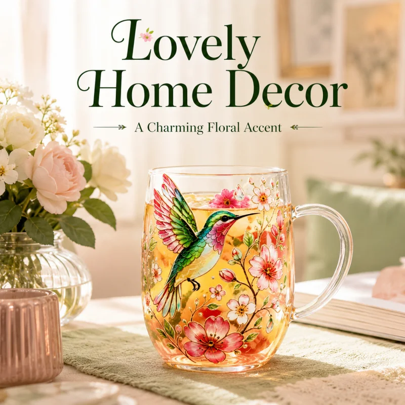 Hummingbird & Cherry Blossom Double Wall Glass Mug, Heat Resistant Borosilicate Coffee Cup, Floral Print Glass Tumbler