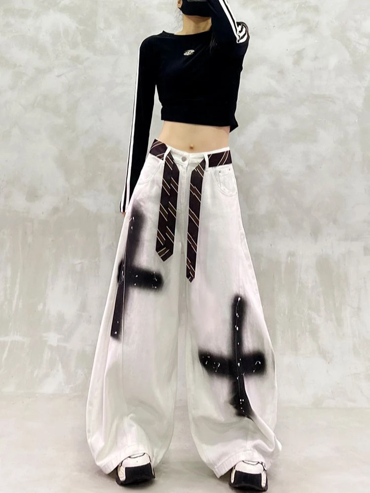2025 Women's Y2K Gothic Cross Print Wide Leg Jeans - High Waist Tie Belt Denim Pants, Edgy Vintage Streetwear for Spring Autumn