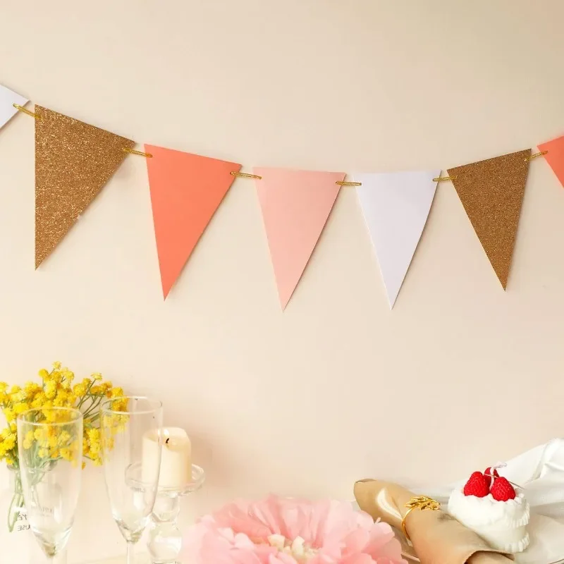 10ft Vintage Pennant Banner Rose Gold Pink Party Decorations Paper Triangle Flags Bunting for Boho Baby Shower Girl Room Nursery