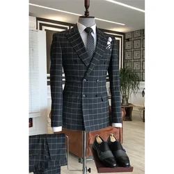 Chic Black Plaid Men Suits Two Piece (Blazer+Pants) Fashion Business Casual Slim Wedding Tuxedo Peak Lapel Double Breasted Suit