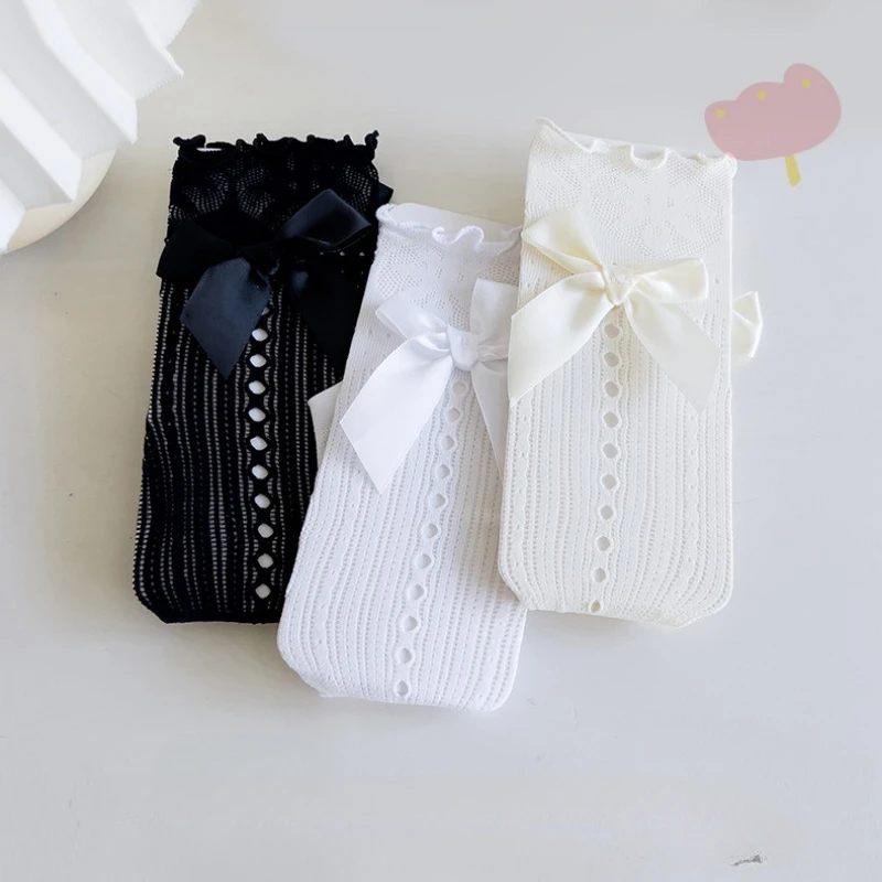 Hot Selling Kid Girl Knee High Sock Summer Thin Breathable Calf Sock for Toddler children Girl Lace Big Bow Hollow Sock 3-12T