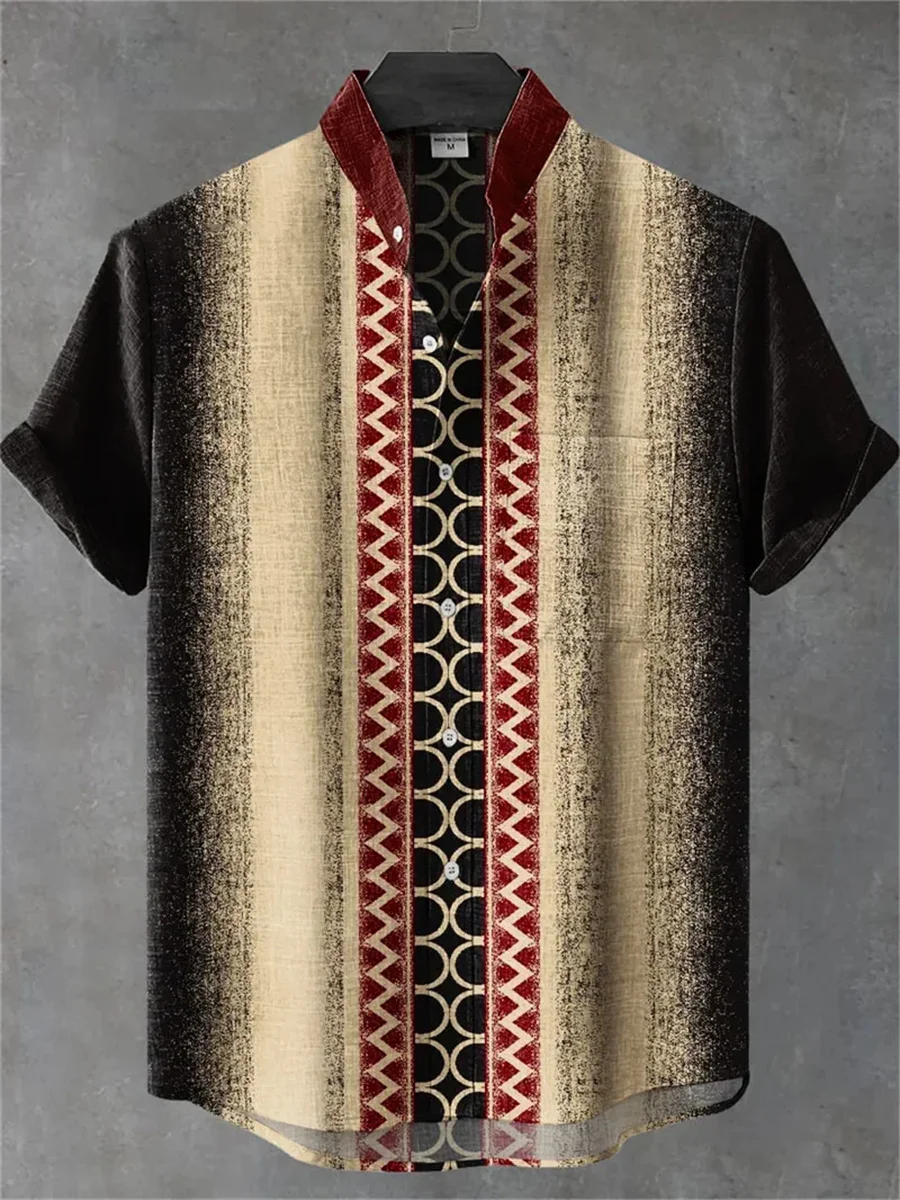 جديد الرجال قميص كتان ثلاثية الأبعاد مطبوعة شخصية حك نمط قميص الرجال عادية كم قصير علوي أنيق الوقوف طوق زر شير