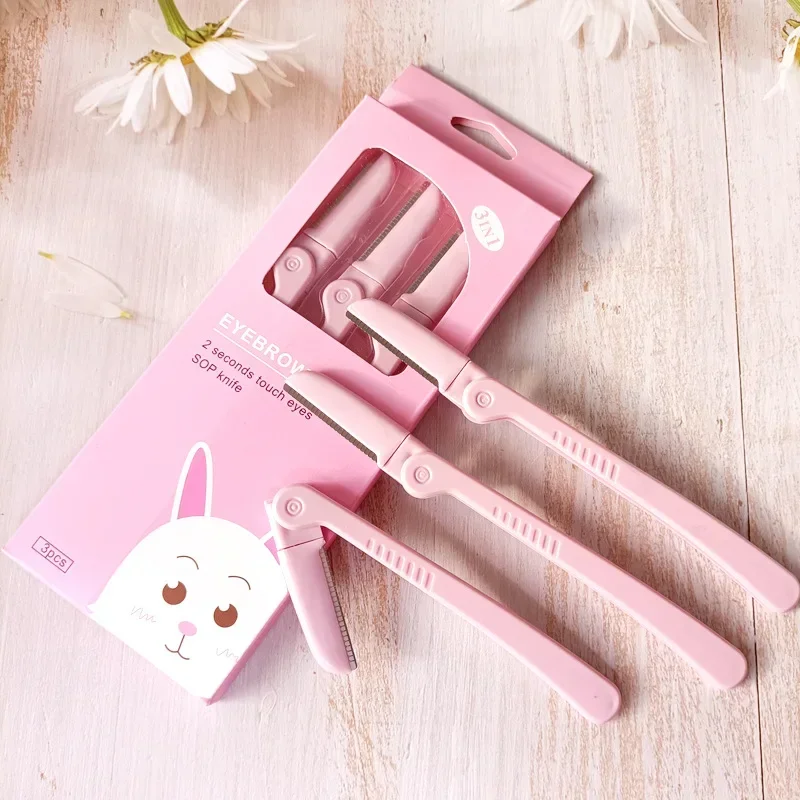 3 pçs/set rosa dobrável sobrancelha trimmer axila cabelo navalha beleza rosto olho shaper barbeador lâminas de aço inoxidável ferramentas maquiagem