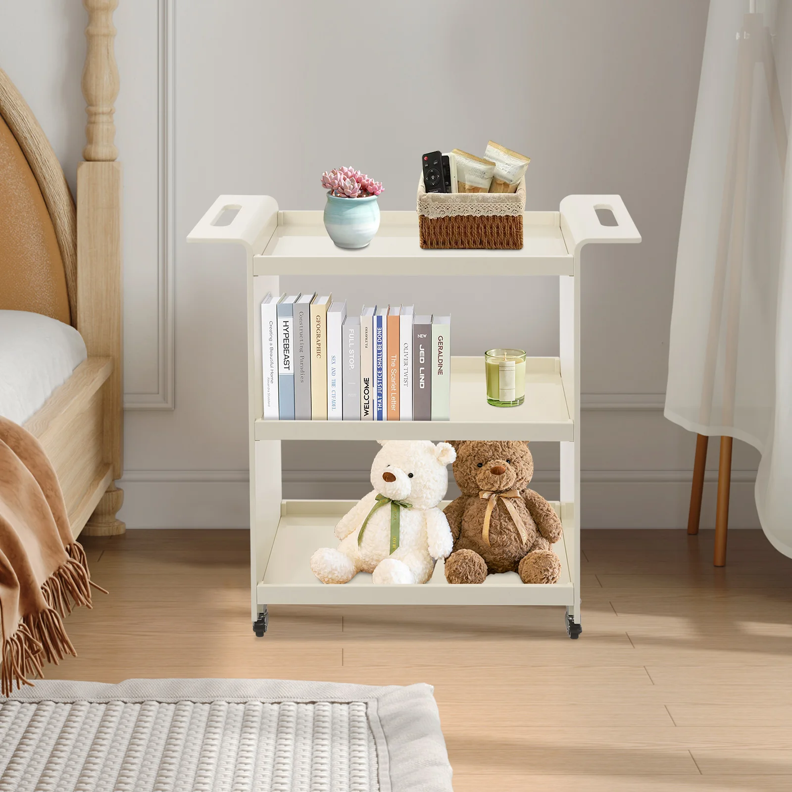 รถเข็นอเนกประสงค์แบบกลิ้ง 3 ชั้น 66.14 ปอนด์โหลด 2811.828.7in PC วัสดุล้อล็อคได้เหมาะสำหรับบ้านบาร์ร้านกาแฟกิจกรรม