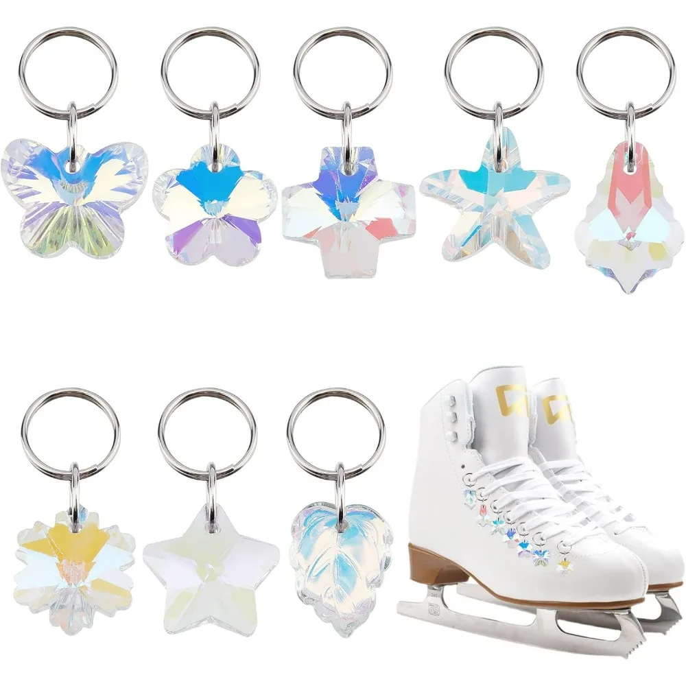

32 шт., кружевные подвески для обуви для роликовых коньков, комплект подвесок для обуви с бабочкой, цветком, звездой и листьями, с кольцами для прыжков, стеклянные подвески-подвески