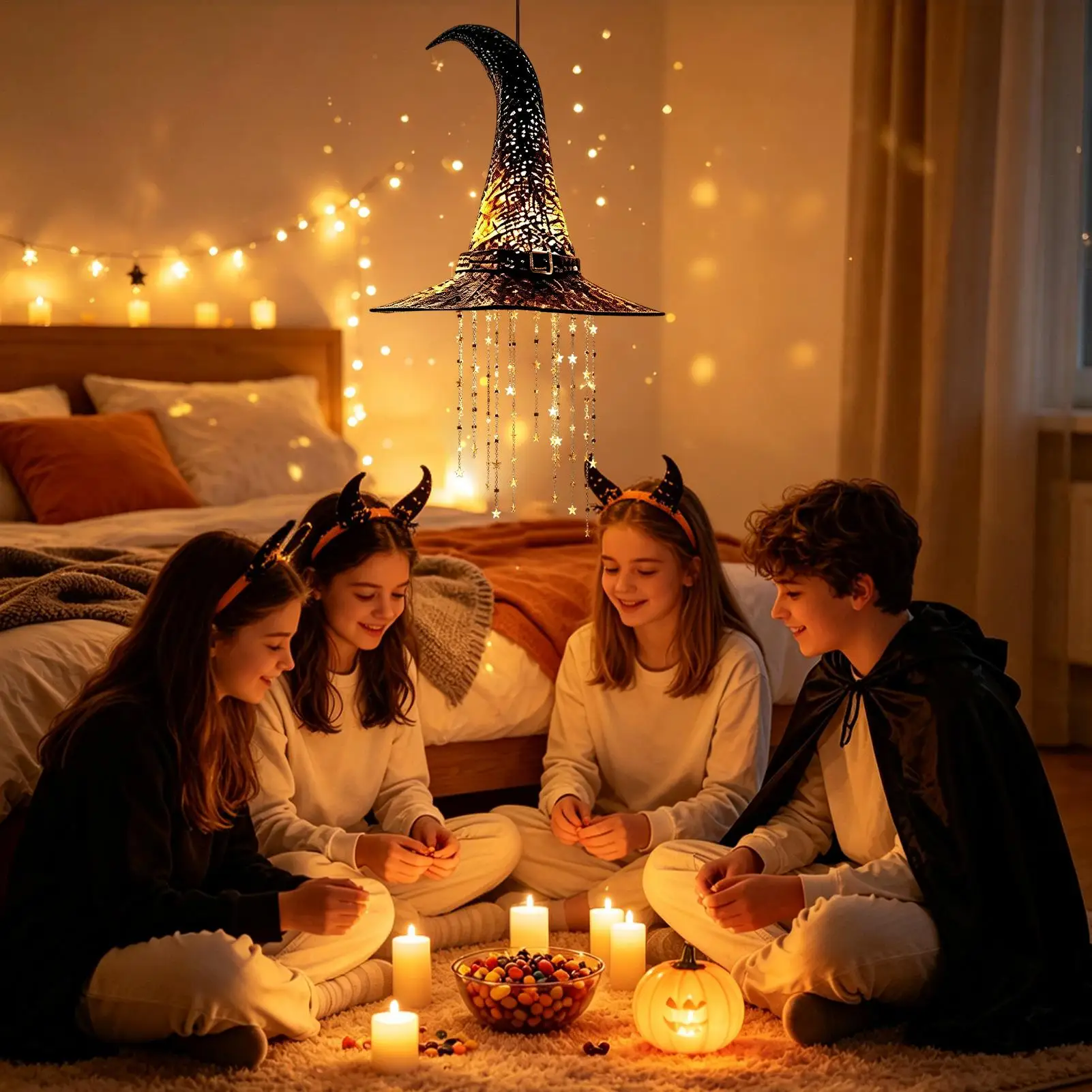 Witch Hat Chime Halloween Light Up Porch Garden Decorations Patio Decor Wind Chimes for Homeowners Renters Decorators Coffee