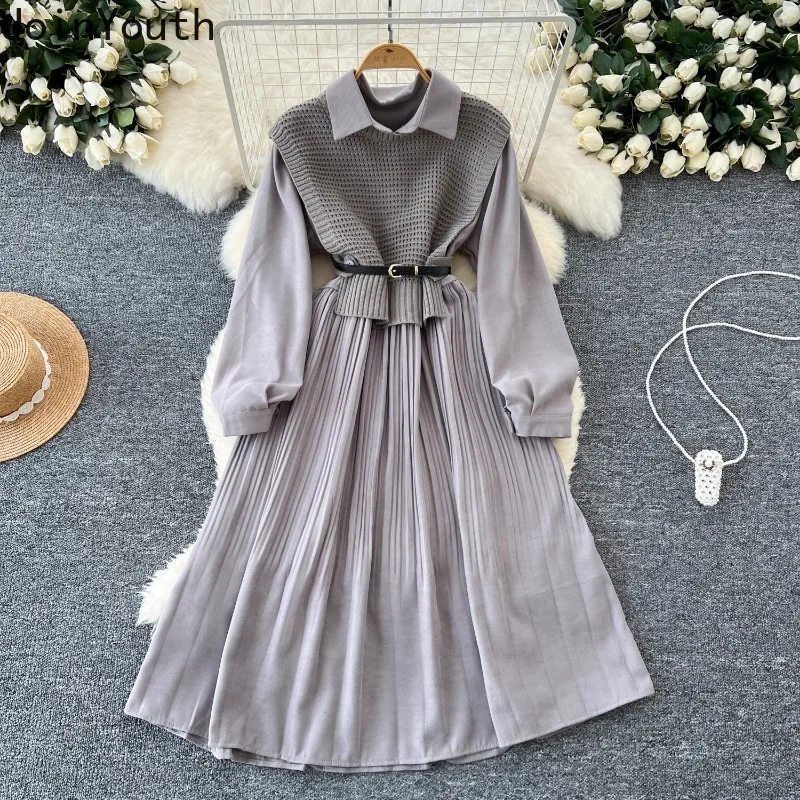 Dress Suit Women Clothing 2 Piece Sets Knitted Vest Slim Waist A-line Pleated Dresses Outfits Roupas Femme Korean Vintage Set