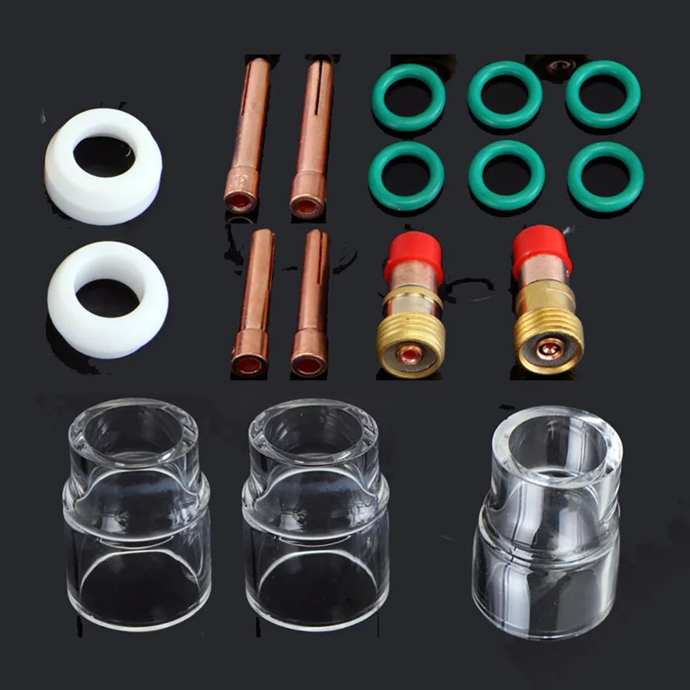 17pcs TIG Welded Gas Lens 3/32 Inch # 12 Heat Cup For WP-17 18 26 Torch 2.4 Tungsten Needle Clip Welding Accessories