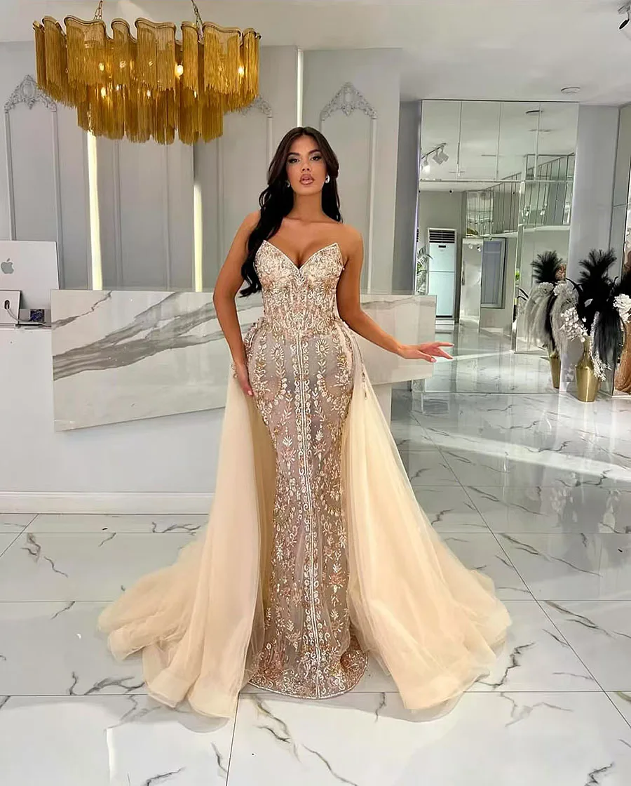 

Luxury Champagne Glitter Pearls Mermaid Evening Dresses Detachable Skirt Arabic Dubai Prom Dress For Wedding Party 2025