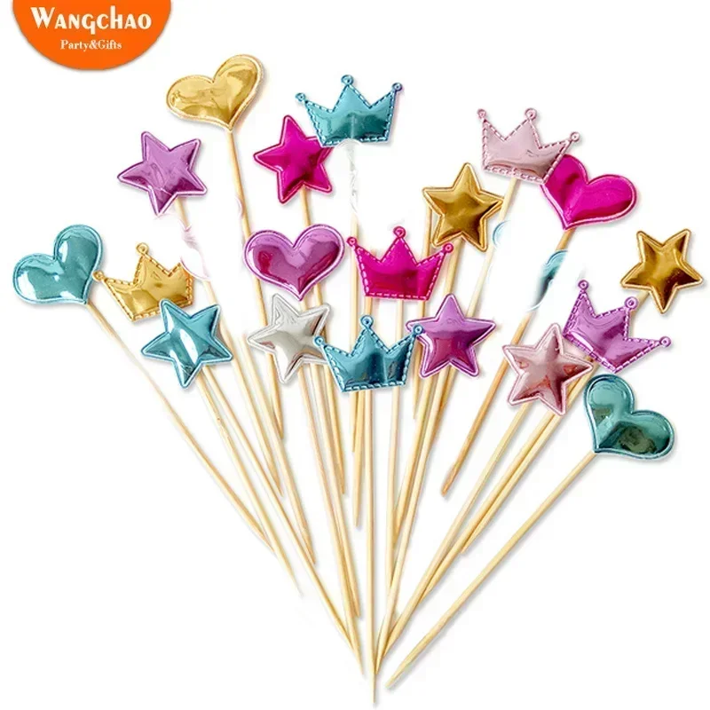 5pcs Colorful Star Love Heart Shaped Crown Cake Topper Happy Birthday Cupcake  Kids Favors Party Supplies Home Decoration