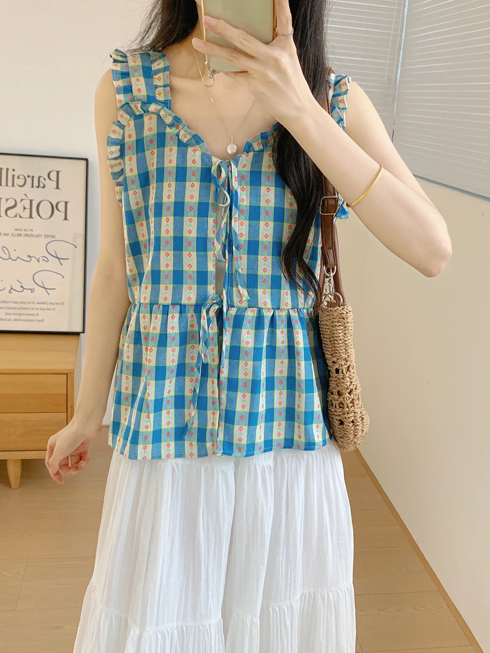 

Sweet Contrast Color Summer New Sle Korean Fre Countryside Pattern Women's Svel Vest AAMY2025 Square Collar Fly Sve
