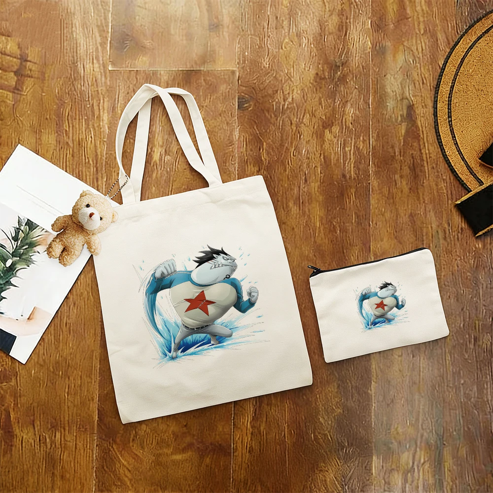 3-teiliges Set Kawaii One Piece Jinbe Kampfszene Anime Leinwand-Tragetasche Bedruckte Schultertasche Mini-Geldbörse Casual-Taschen-Set