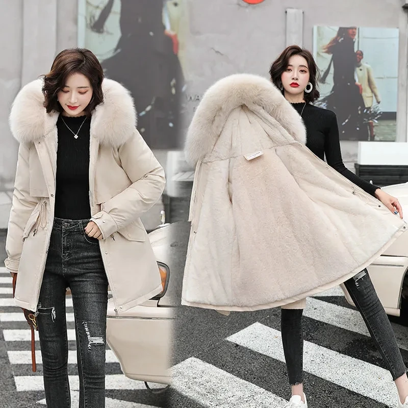 2023 New Winter Jacket Women Parka Fashion Long Coat Wool Liner Hooded Parkas Slim with Fur Collar Warm Snow Wear Padded Clothes