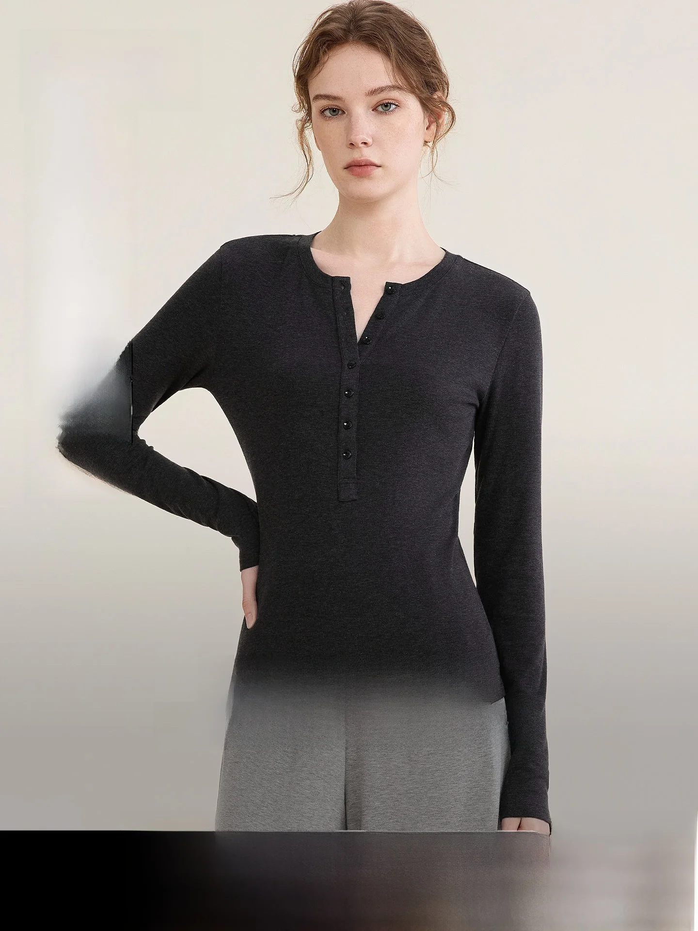 Elle Women's Long Sleeve Henry Collar T-Shirt Thermal Base Layer Slightly Elastic Lenzing Wool Inner Wear Top for Autumn Winter