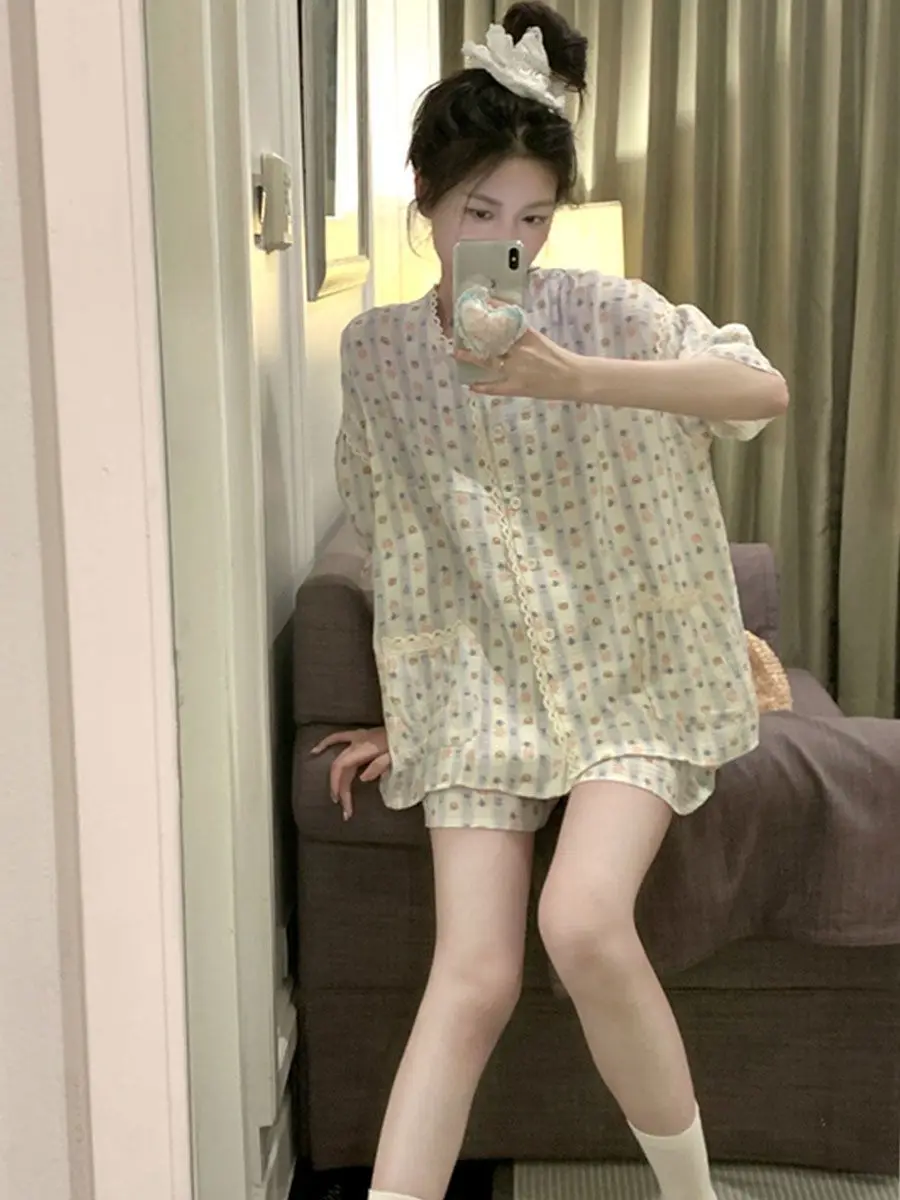 Pajamas Women Summer Lace Sweet Girls Homewear Student Loose Short Sleeve Shorts Set Thin