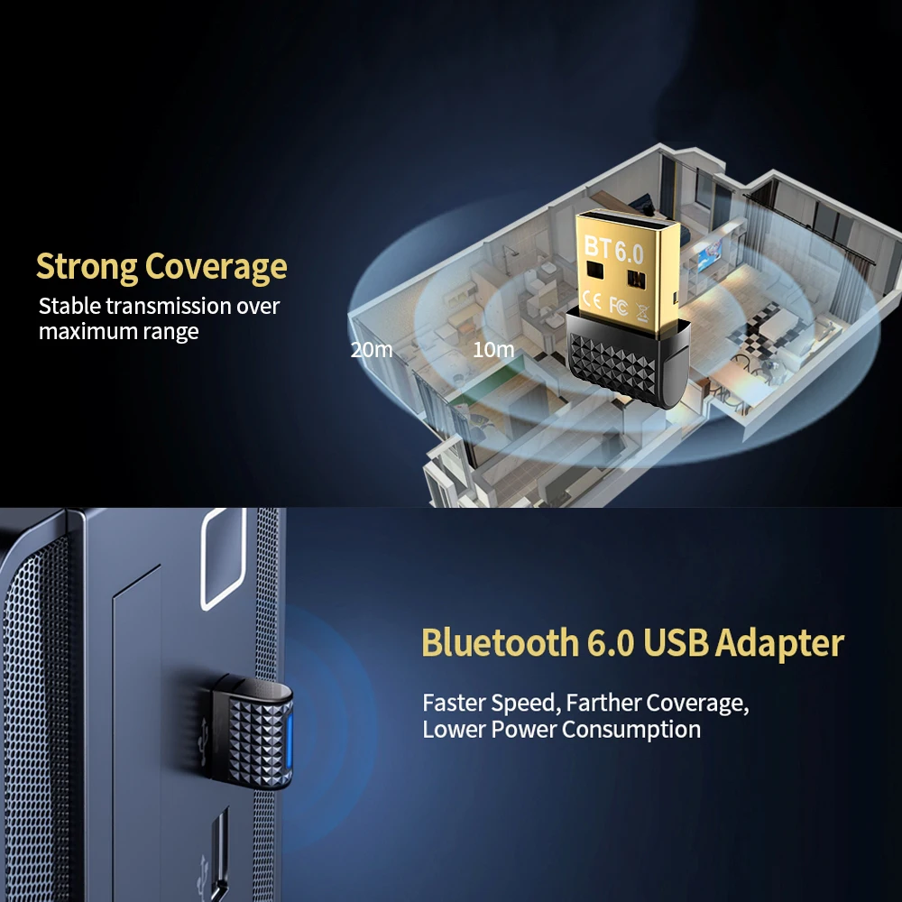 Adattatore Bluetooth 6.0 Dongle USB Ricevitore e trasmettitore wireless per tastiera/mouse Ricevitore audio senza driver per PC 11/10/8.1