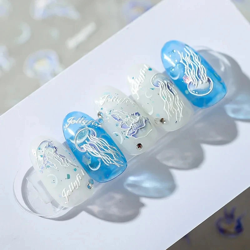 해파리 여름 해변 소프트 릴리프 자체 접착 네일 아트 장식 스티커, 블루 컬러 쉘 바다 인어 3D DIY 네일 데칼