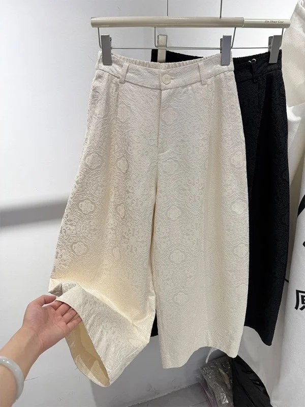 

plus Size 300 Pounds Women's Casual Wide Leg Pants New Chinese Style Embroidery High Waist Straight Tube Summer Trousers