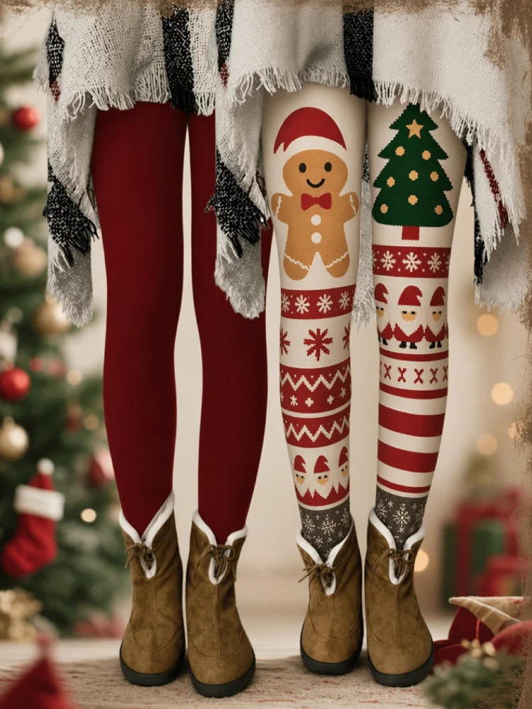 2026 New Style Women's Milk Silk Tight Pants, with a Cream-Colored Gingerbread Man Christmas Tree Pattern and a Snowflake Mosaic Print, Pure Red Tight Pants, with an Elastic High-Waist Design, Suitable for Daily Casual Wear and Winter Outfits