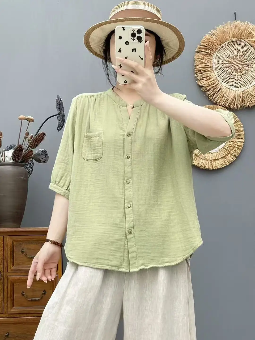 New 2025 Summer Cotton Yarn Half Sleeve Shirt, Women V Neck Pocket Solid, Mori Girl OL Versatile Casual Loose Blouse T55545CC