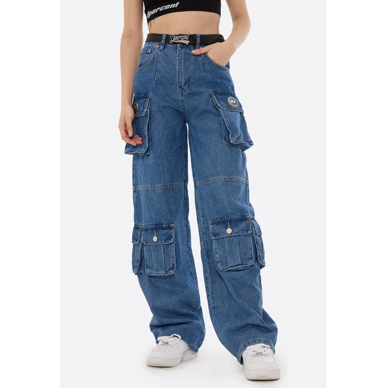 Women Blue Jeans Y2K Style High Waist American Street Wide Leg Pants Fashion Hip Hop Vintage Straight Summer Female Trousers