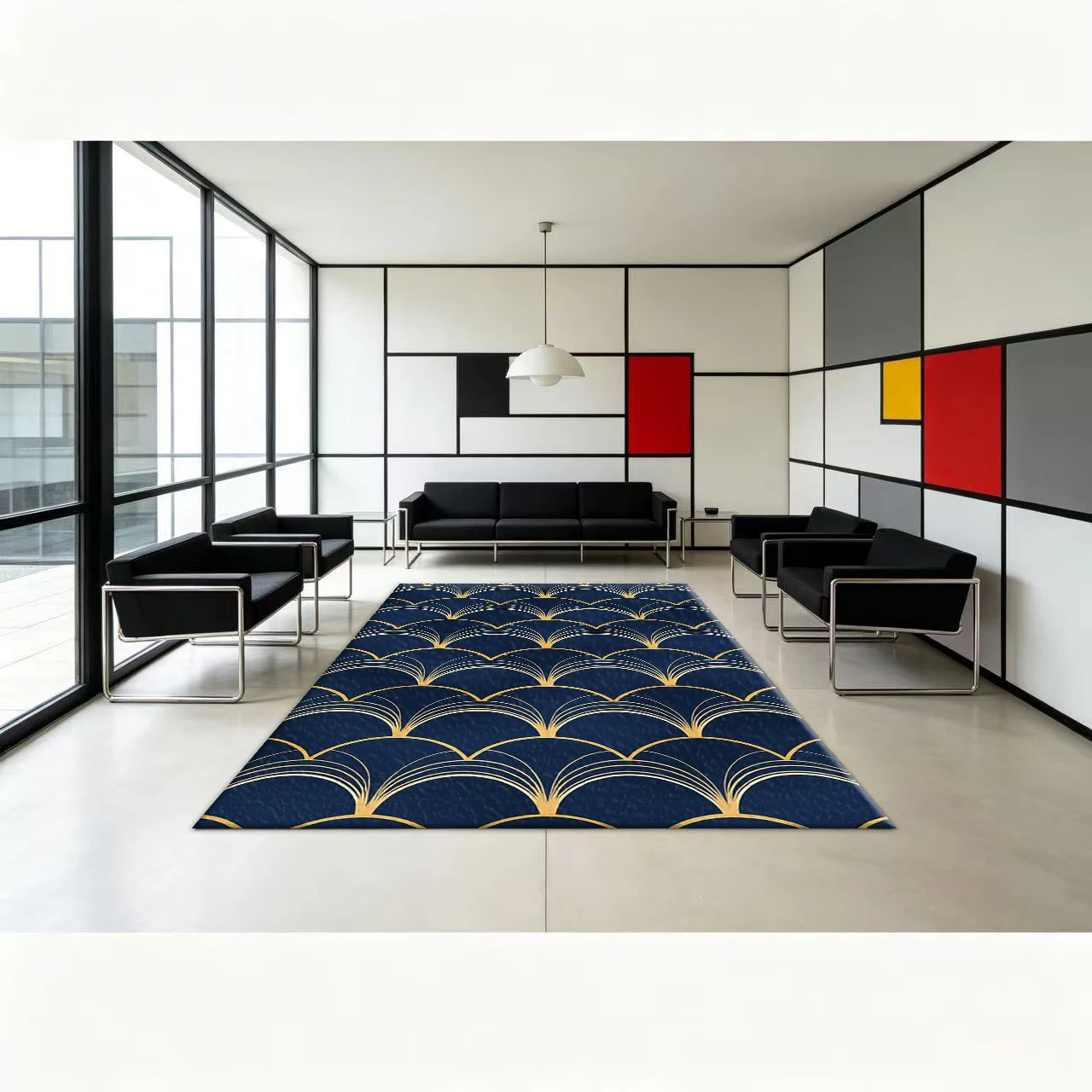Navy Blue Gold Art Deco Geometric Pattern Carpet Luxury Vintage Printed Rug Non-Slip Floor Mat Suitable for Living Room Bedroom Home Interior Decoration