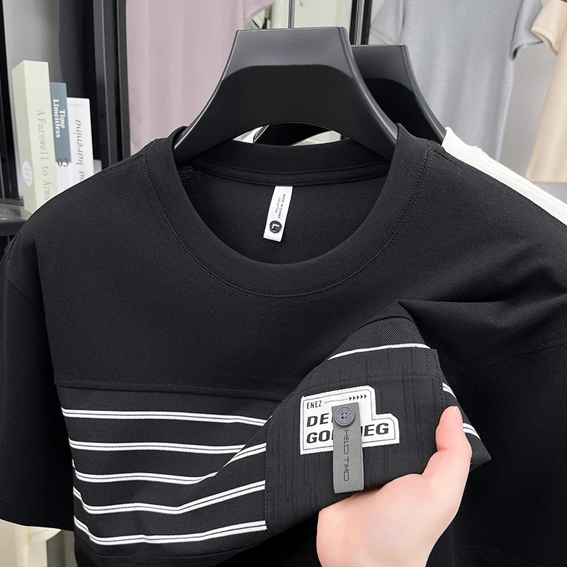 

Men's Original Design T-Shirt Round Neck Short Sleeve Striped Pocket Summer Fashion Casual Classic Versatile Trend Men's Wear