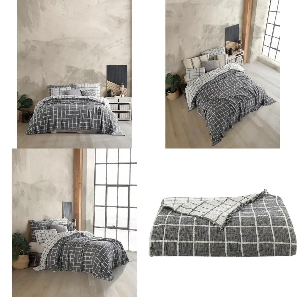 

4-Layer Cotton Muslin Lightweight Throw Blanket, Breathable Gauze Bed Cover, Gray Windowpane Patterned Coverlet
