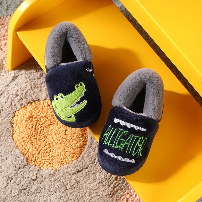 2024 boys' and girls' bags with cartoon fox baby fur anti slip cotton slippers for winter warmth, children's home cotton shoes